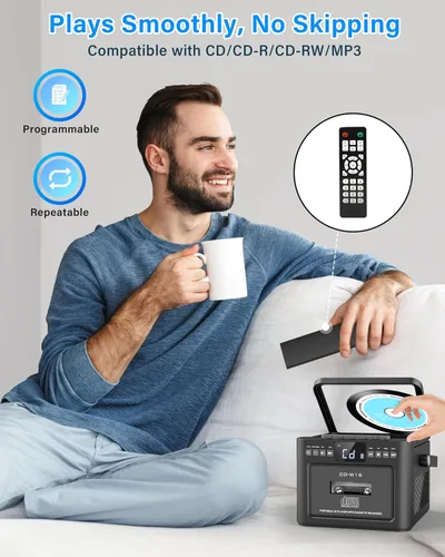 Vista 6 de Greadio Boombox - Combo de reproductor de CD y cassette, reproductor de CD recargable de 5000 mAh con Bluetooth de recepción/transmisión/radio