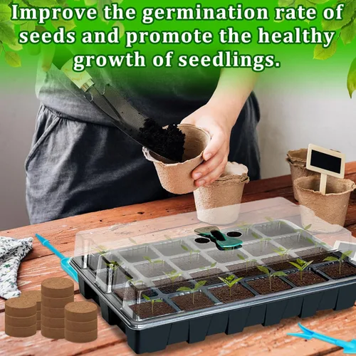 Vista 5 de Halatool Juego de 2 bandejas de iniciación de semillas, paquete de 2 bandejas de germinación con 50 pellets de coco, sistema de germinación