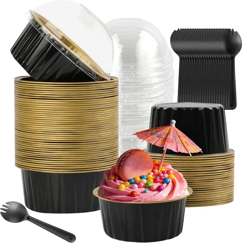 Vista 8 de 50 moldes desechables de papel de aluminio para cupcakes, mini moldes para pasteles de 4 onzas con tapas, moldes de aluminio para hornear