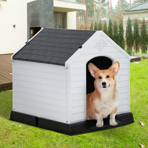 Vista 13 de Casa para perros para interiores y exteriores, impermeable, ventilada, de plástico, jaula de refugio para mascotas con ventilación y suelo elevado