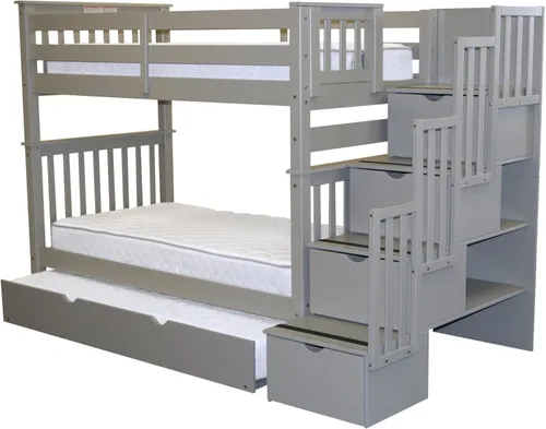 Vista 4 de Bedz King Literas altas de escalera individual sobre individual con 4 cajones en los escalones y una cama nido individual, gris