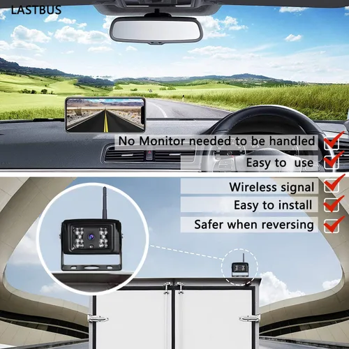 Vista 2 de Cámara de respaldo inalámbrica, LASTBUS 2.4Ghz WiFi Cámara de respaldo con visión nocturna, amplio ángulo, IP69, impermeable, WiFi, cámara de visión