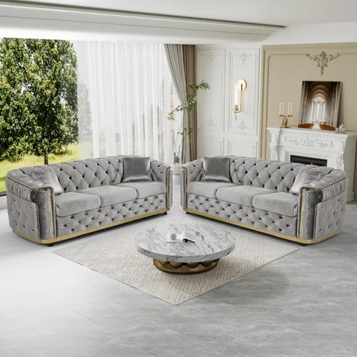 Vista 17 de DAMAIFROM Juego de sofá de terciopelo de lujo beige y dorado, moderno de mediados de siglo, sofás Chesterfield copetudos y patas doradas, juego de 2