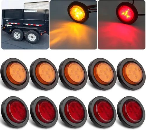 10Pcs 2 Inch Round Led Marker Lights, 2 Inch Round Trailer LED Side Marker and Clearance Marker Lights 4 LED Sealed Flush Mount with Rubber Grommets
