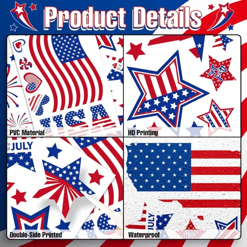 Vista 6 de Decoraciones patrióticas para ventanas del 4 de julio, 9 hojas de calcomanías de ventana de bandera estadounidense para ventanas de vidrio