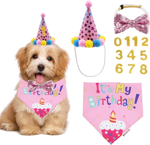 Vista 10 de ADOGGYGO Pañuelo Bufanda de Cumpleaños para Perro y Sombrero Azul de Fiesta de Cumpleaños para Cachorro Niño con Corbatín Lindo para Perro Pequeño
