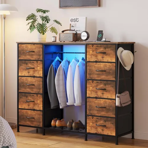 Vista 9 de LUMTOK Cómoda 2 en 1 de 55" de ancho con perchero colgante, cómoda de 10 cajones para dormitorio, cómodas con cajones de tela, luces LED, estación