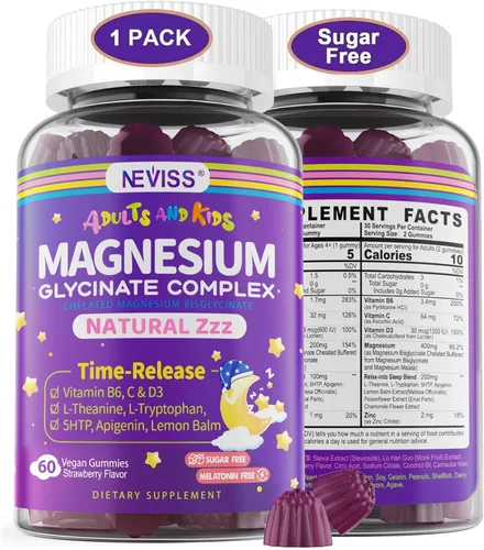 Gomitas de glicinato de magnesio para adultos y niños mayores de 4 años, suplemento de bisglicinato de magnesio sin azúcar 400/200 mg con B6D3,