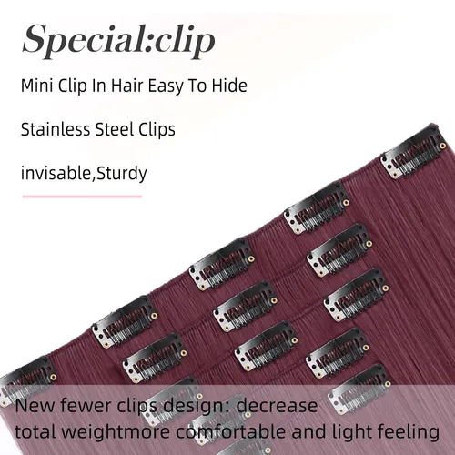 Vista 5 de Extensiones de cabello sintético con clip, color burdeos de 18 pulgadas de largo, invisibles, gruesas, extensiones de cabello lacio con clips, 5