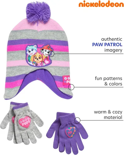 Vista 2 de Nickelodeon Paw Patrol - Sombrero de invierno para niñas y 2 pares de guantes o guantes (edad 2-7)