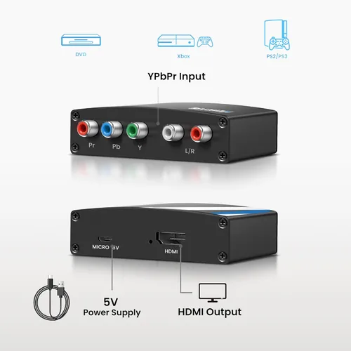 Vista 6 de NEWCARE Convertidor de Componente a HDMI, Adaptador de Aleación de Aluminio YPbPr + R/L a HDMI, Convertidor de Video Audio 1080P Componente 5RCA RGB
