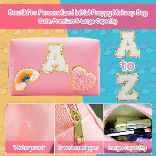 Vista 3 de Bolsa de Maquillaje Preppy, Estuche de Lápices de Cuero PU Premium Impermeable Bolsa de Cosméticos con Sonrisa Corazón Arcoíris Linda Bolsa