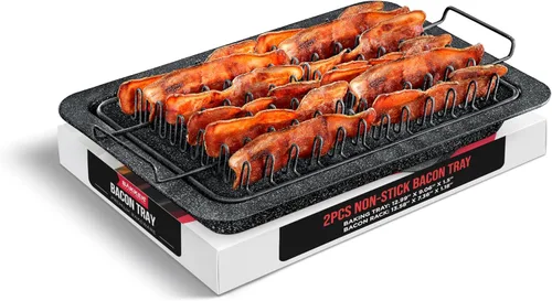 Vista 9 de Bandeja de tocino - Juego de 2 piezas – Revestimiento de mármol – Bandeja de cocina duradera y antiadherente para tocino – Bandeja de piedra blanca