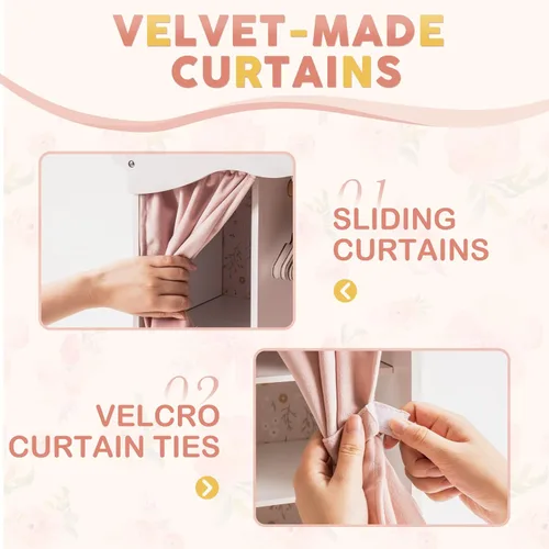 Vista 5 de ROBUD Armario de Juguetes de Madera para Muñecas, Guardarropa con 5 Percheros, Espejo, Cortinas de Terciopelo, Para Ropa de Muñecas American Girl