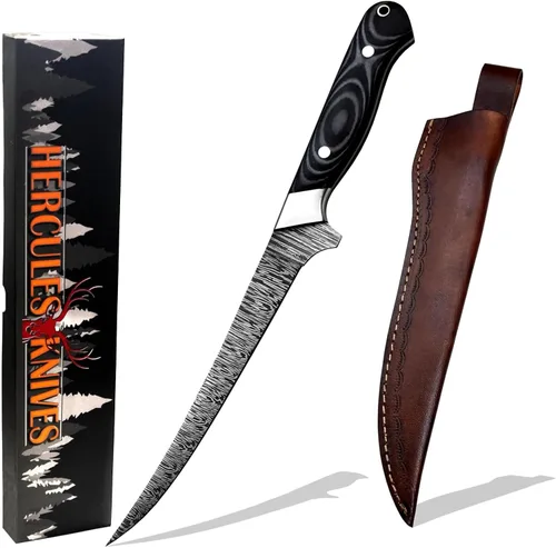 Cuchillo de filete de acero de Damasco forjado a mano personalizado Filete de pescador G-10 Micarta Manija Funda de cuero Hoja fija Cuchillo hecho a