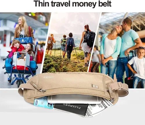 Vista 5 de Cinturón de dinero con bloqueo RFID para hombres y mujeres, cartera de cintura delgada para viajes y correr, se adapta a pasaporte, teléfono