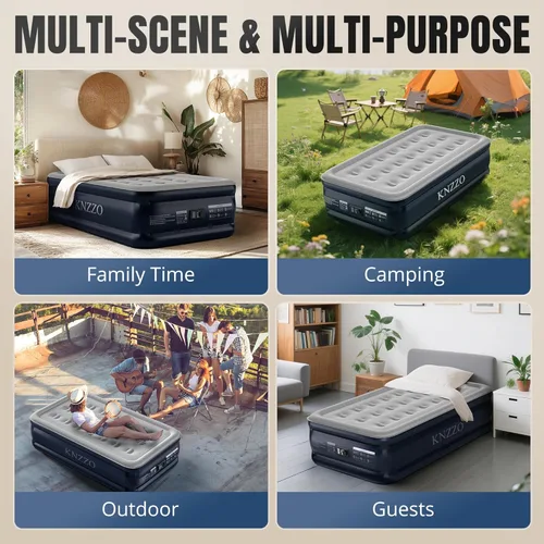 Vista 8 de Colchón de aire doble con bomba incorporada, colchón inflable superior de 18 pulgadas con tela flocada impermeable, cama inflable rápida de tres
