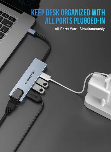 Vista 5 de Adaptador de concentrador USB C, adaptador multipuerto Lemorele 5 en 1 con HDMI 4K, Ethernet, 2 puertos USB 2.0, carga PD de 100 W para MacBook M1