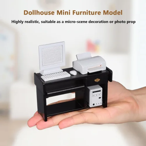 Vista 3 de NUOBESTY Juego de muebles de oficina para casa de muñecas, silla de escritorio en miniatura, impresora de computadora, accesorios de teclado
