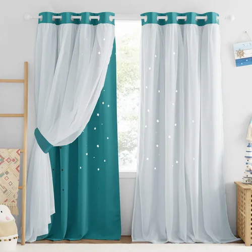 Vista 20 de NICETOWN Cortinas opacas con recortes de estrellas para dormitorio, 2 paneles, diseño mixto de 2 capas de tela y tul, cortina de ventana para niños