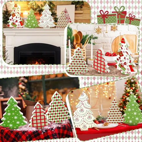 Vista 5 de Huwena 5 piezas de decoración de mesa de Navidad de madera para árbol de Navidad, bandeja escalonada, decoración de centro de mesa, caja de regalo