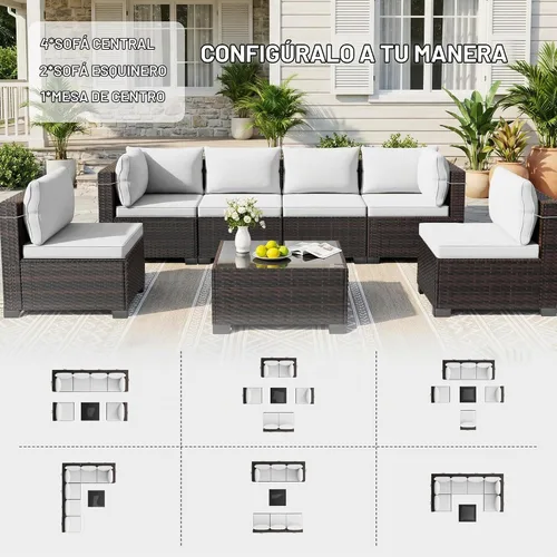 Vista 6 de CHABATREE Juego de 7 muebles de patio al aire libre, juego seccional de conversación de ratán, sofá de mimbre de tejido manual con mesa de té