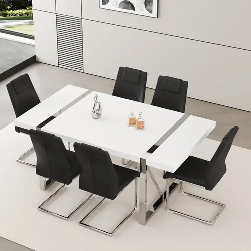 Vista 29 de Juego de mesa de comedor moderna de 55 pulgadas para 4, mesa de comedor negra y marco de metal dorado, mesa de comedor rectangular con 4 sillas
