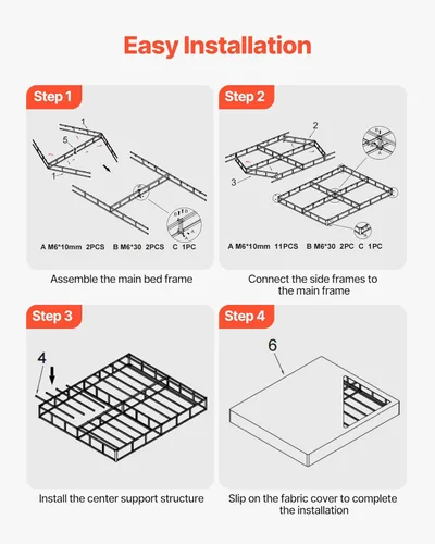 Vista 7 de VEVOR Base de cama tamaño Queen con tela lavable, marco de metal resistente para cama Queen, base de colchón de 4 pulgadas, capacidad máxima