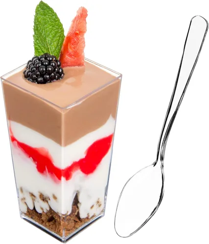 Vista 11 de DLux 100 tazas de postre pequeñas de 3 onzas con cucharas, cuadradas altas, taza de plástico transparente para aperitivos de parfait, pequeño cuenco