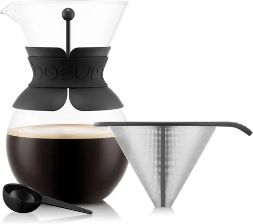 Vista 4 de Bodum Cafetera de Vertido de 34 onzas, Vidrio de Borosilicato Resistente a Altas Temperaturas con Filtro de Acero Inoxidable Reutilizable y Agarre