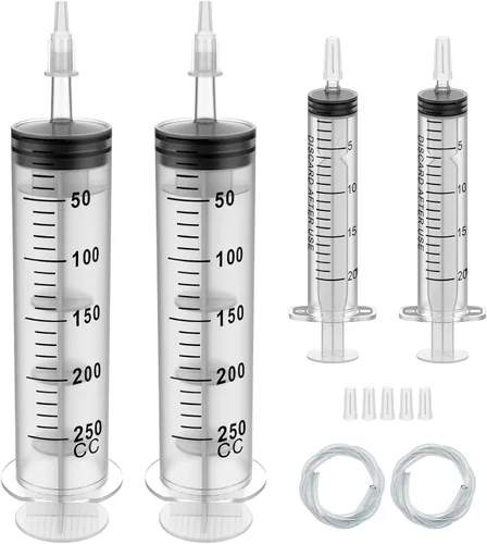 Vista 7 de Paquete de 3 jeringas grandes de 3.4 fl oz y 2 jeringas de plástico de 0.7 onzas líquidas con adaptador de punta y tubo suave, herramientas