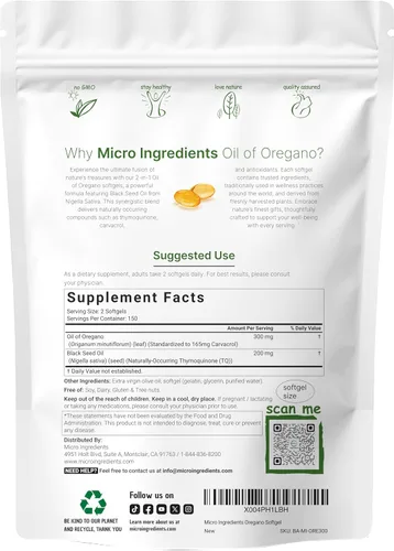 Vista 5 de Micro Ingredients Cápsulas blandas de aceite de orégano y complejo de magnesio triple puro de 400 mg Paquete de 2 unidades Timoquinona de 4