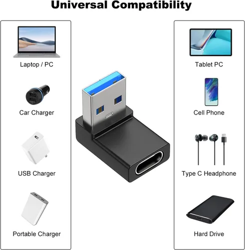 Vista 5 de AreMe Paquete de 2 adaptadores USB A a USB C de ángulo recto, 90 grados hacia arriba y hacia abajo USB 3.0 macho a conector hembra tipo C para PC