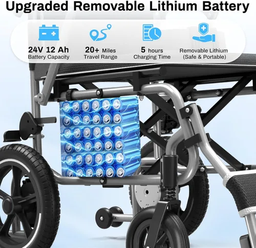 Vista 2 de Sillas de ruedas eléctricas ligeras de 39 libras para adultos, silla de ruedas motorizada con marco de aluminio plegable, rango de viaje de más
