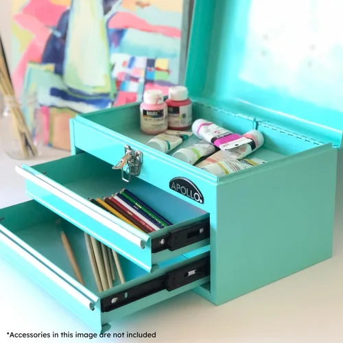 Vista 3 de Apollo Tools DT5010-GR - Caja de herramientas de acero de 14 pulgadas con compartimento superior profundo y 2 cajones de acero resistente