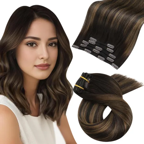 Vista 14 de Moresoo Extensiones de cabello humano con clip, balayage, color marrón oscuro a marrón dorado con clip, extensiones de cabello humano con clip, 5