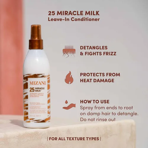 Vista 2 de Mizani 25 Benefit Miracle Milk - Acondicionador sin enjuague para cabello rizado, con aceite de coco, spray desenredante de rizos, protector térmico
