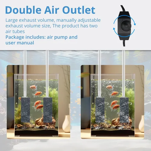 Vista 4 de Aquarium Air Pump for Fish Tank, 2 Outlets Adjustable Bubbler, Ultra Quiet & Powerful (3W/5W/10W), Includes Air Stones/Tubing/Check Valve