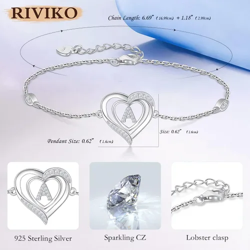Vista 5 de RIVIKO Pulseras con iniciales de corazón para mujer, plata de ley 925, delicadas pulseras de letras, dije personalizado con inicial, joyería