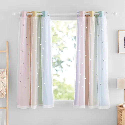 Vista 33 de NICETOWN Cortinas opacas con recortes de estrellas para dormitorio, 2 paneles, diseño mixto de 2 capas de tela y tul, cortina de ventana para niños