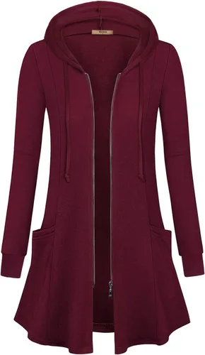 Miusey - Sudadera larga con capucha y cremallera para mujer, cardigan estilo túnica ligera con frente abierto