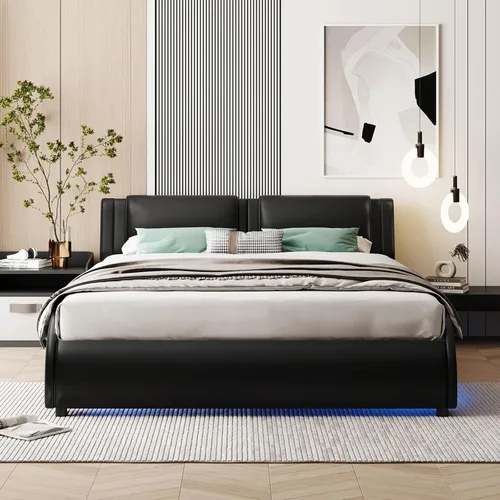 Vista 3 de Marco de cama de plataforma de tamaño matrimonial con luces LED y cabecero moderno marco de cama tapizado de piel sintética soporte de listones