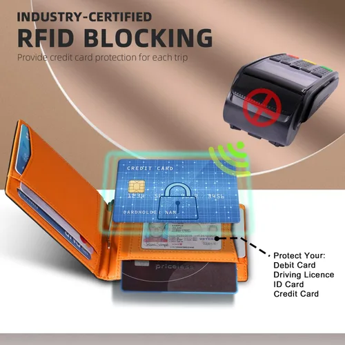 Vista 8 de RUNBOX - Cartera minimalista y delgada para hombre con clip de dinero, bloqueo RFID y piel para bolsillo frontal