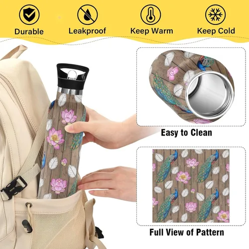 Vista 4 de Kids Water Bottle with Straw Leakproof Insulated Water Bottle with Straw 20oz, BPA-Free, Colorful Peacocks
