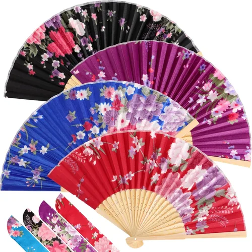 Vista 15 de Zonon 4 Pack de abanicos de mano florales plegables, abanicos de seda de bambú con borla para mujer, abanico de mano hueco plegable con funda