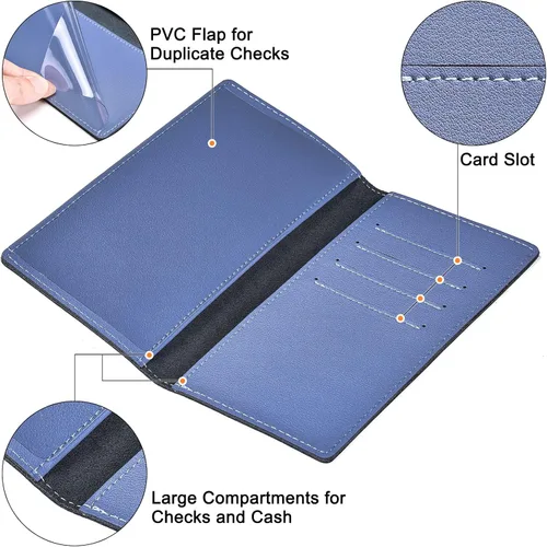 Vista 3 de Fundas negras para chequeras personales duplicadas, de cuero auténtico, para chequeras y carteras para mujeres y hombres, Gris azul, Classic