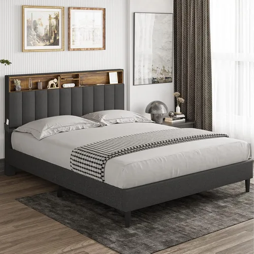 Vista 8 de Tiptiper Base de cama Queen con puertos USB y tomacorrientes, plataforma tapizada con cabecera de almacenamiento, tamaño Queen con cabecera