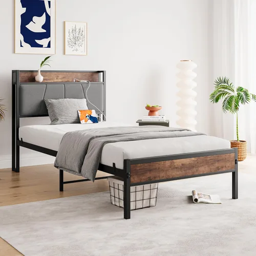 Vista 12 de BOFENG Base de cama de tamaño matrimonial con cabecera de almacenamiento, estación de carga USB, plataforma de metal resistente, marco de cama doble