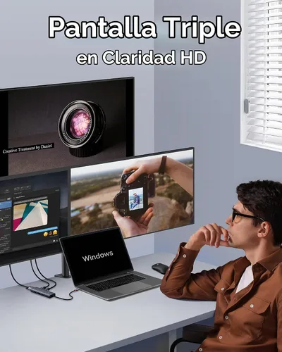 Vista 3 de Baseus - Estación de acoplamiento para computadora portátil 7 en 1, 3 monitores, USB C HUB con HDMI 4K, VGA, 100 W PD, 3 USB para iPhone