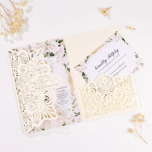 Vista 11 de 50 invitaciones de boda, invitaciones personalizadas cortadas con láser con sobres y tarjetas RSVP para quinceañera, despedida de soltera, baby